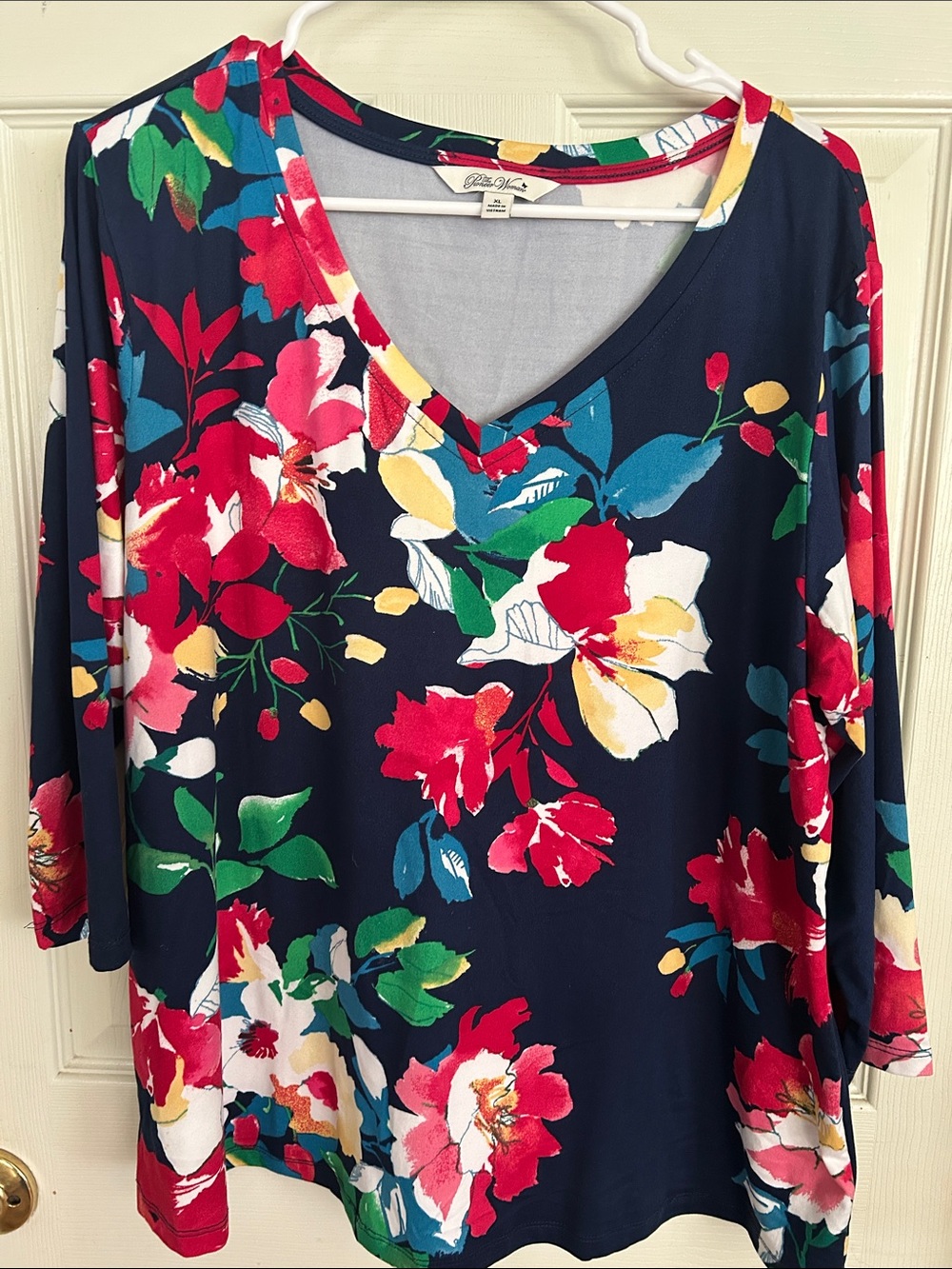 Pioneer Women Navy Floral V-Neck Long Sleeve Top with Red, Green, Yellow Accents